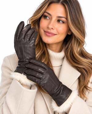 ARIS Genuine Leather Gloves 100% Fur Lined Dark Brown Ivory Women's Size L